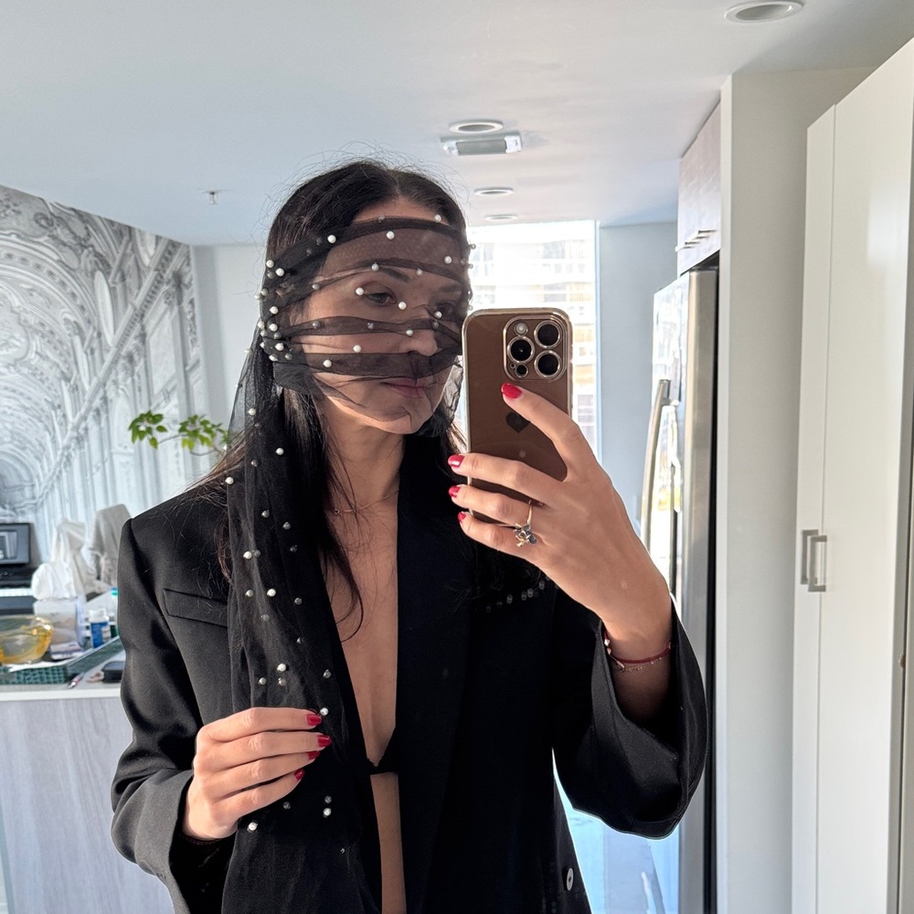 Black Sheer Pearl Embellished Tulle Scarf Wrap Chanel Style
